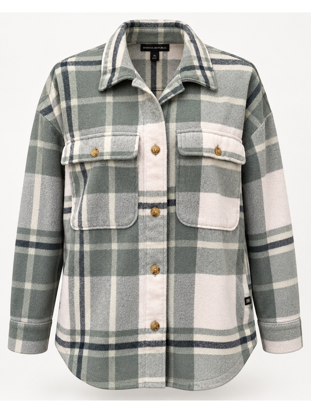 Banana Republic Womens XL Plaid Wool Blend Shacket Green Cream Shirt Jacket